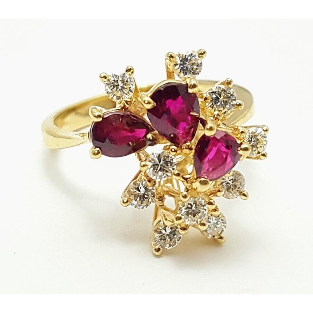 Elegant 14K Karat Solid Yellow Gold Designer Pear Ruby & Diamond Ring Size 6.25